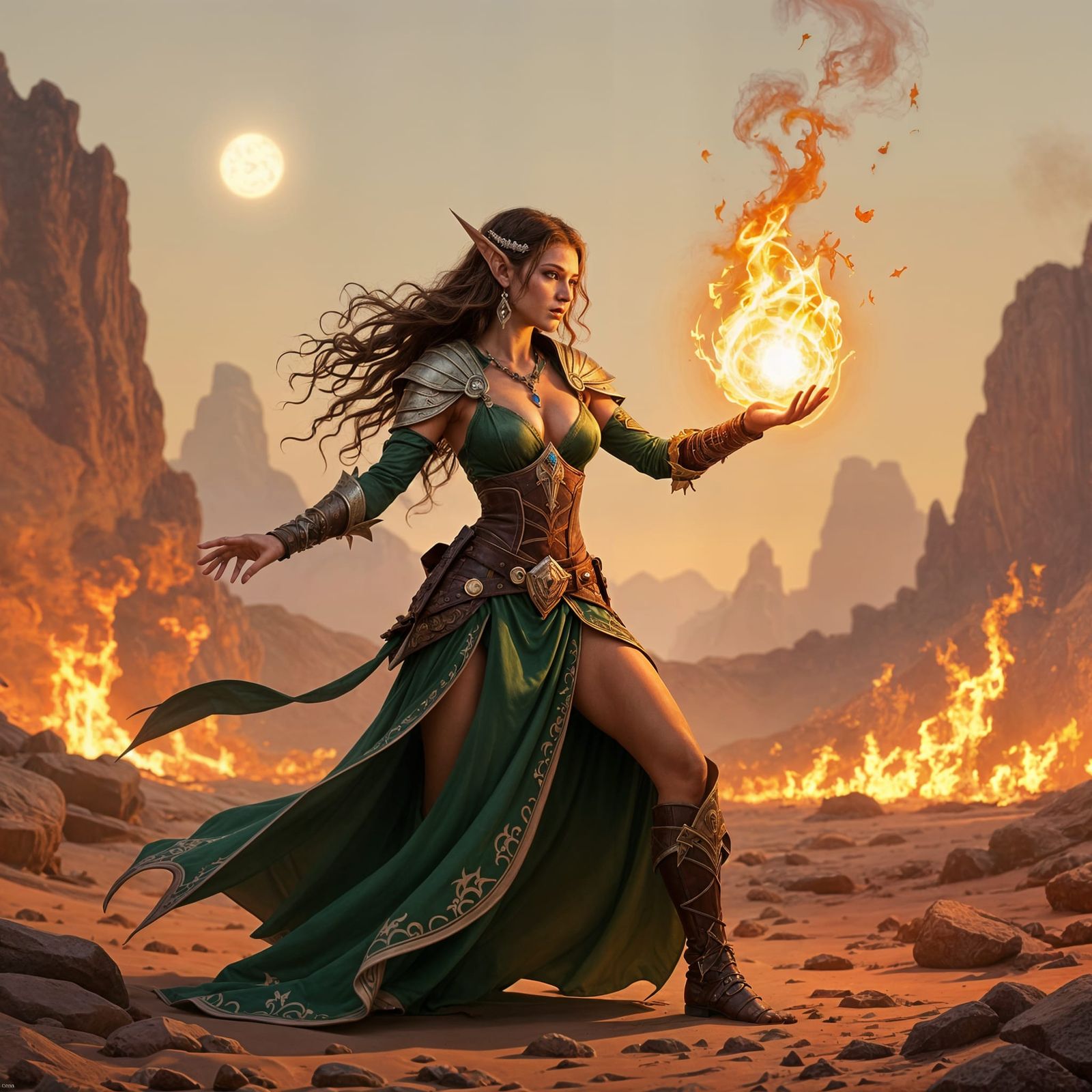 Beautiful Elf Sorceress Casting Spell in Fiery Wasteland
