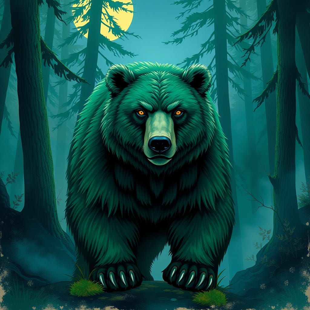 Majestic Emerald Bear in Dreamlike Moonlit Forest