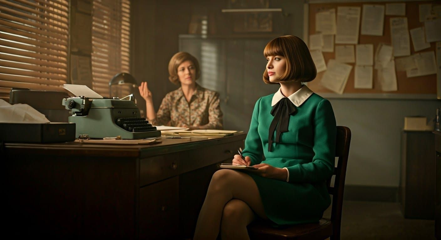 Sultry Journalist in 1960s Small-Town Newspaper Office