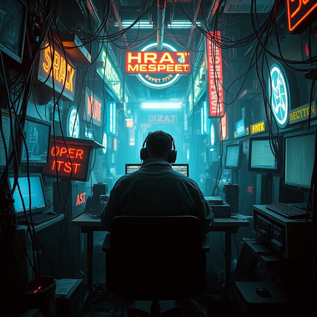 Cyberpunk Hacker in Neon-Lit Web of Wires