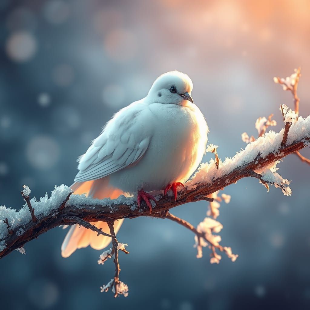 Ethereal Winter Scene with Dove on Snowy Branch