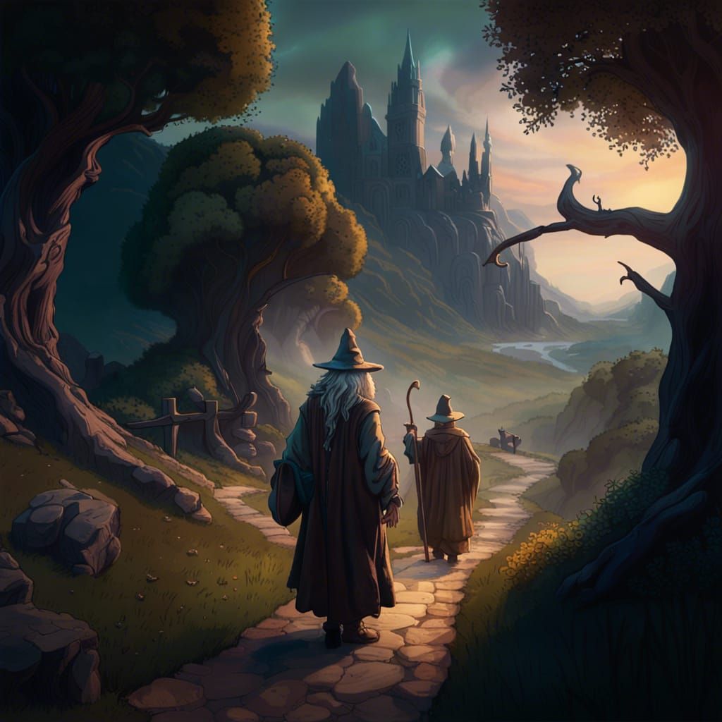 Gandalf and Hobbits in Serene Fantasy Landscape