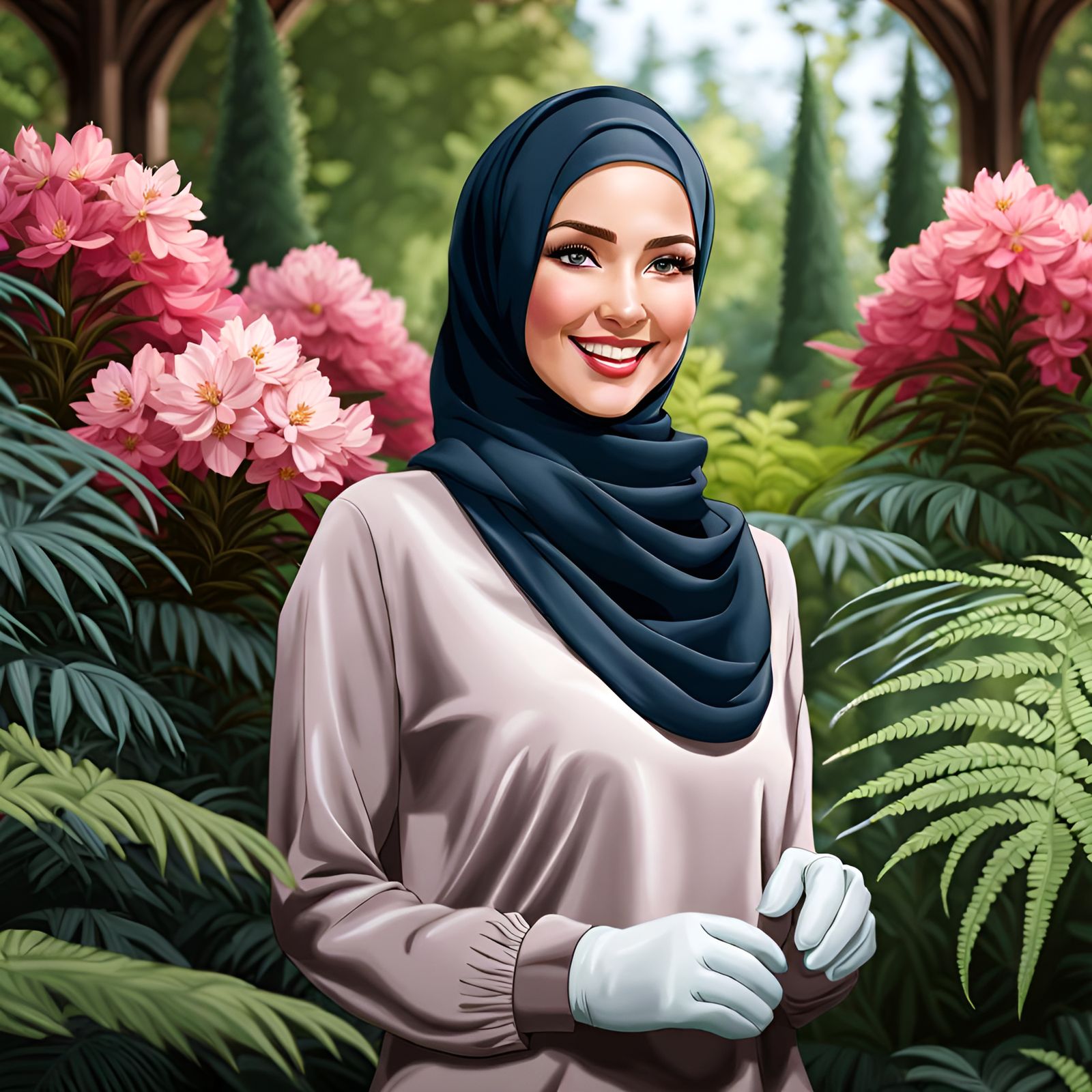 Smiling Woman in Hijab in Botanic Garden