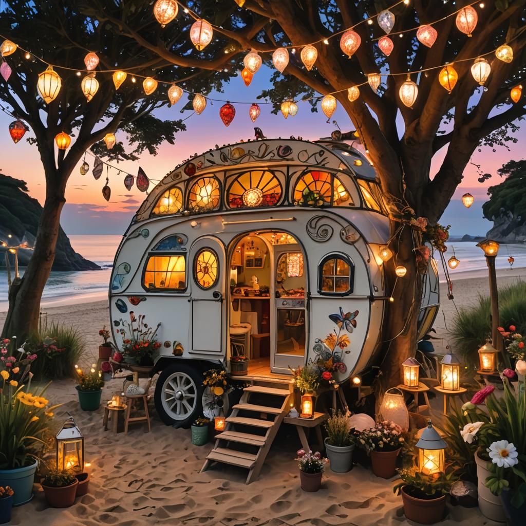 Magical Caravan on Beach at Sunset: Hyperdetailed Fantasycor...