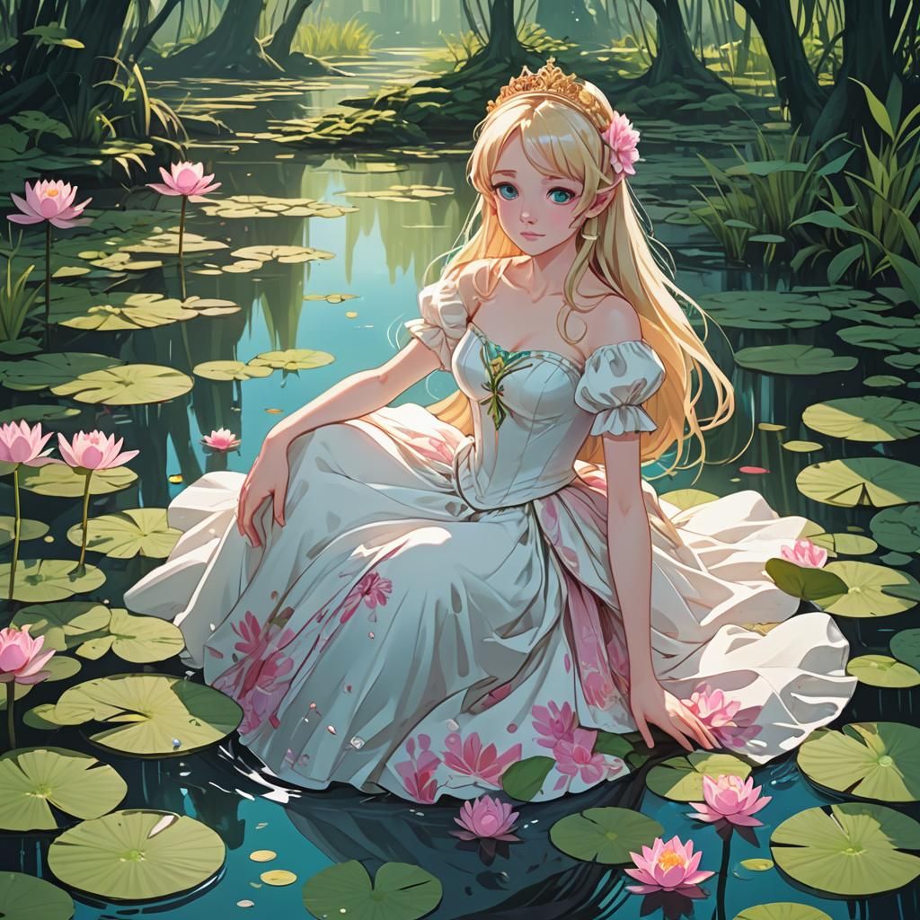 Anime Princess in Swamp with Water Lilies