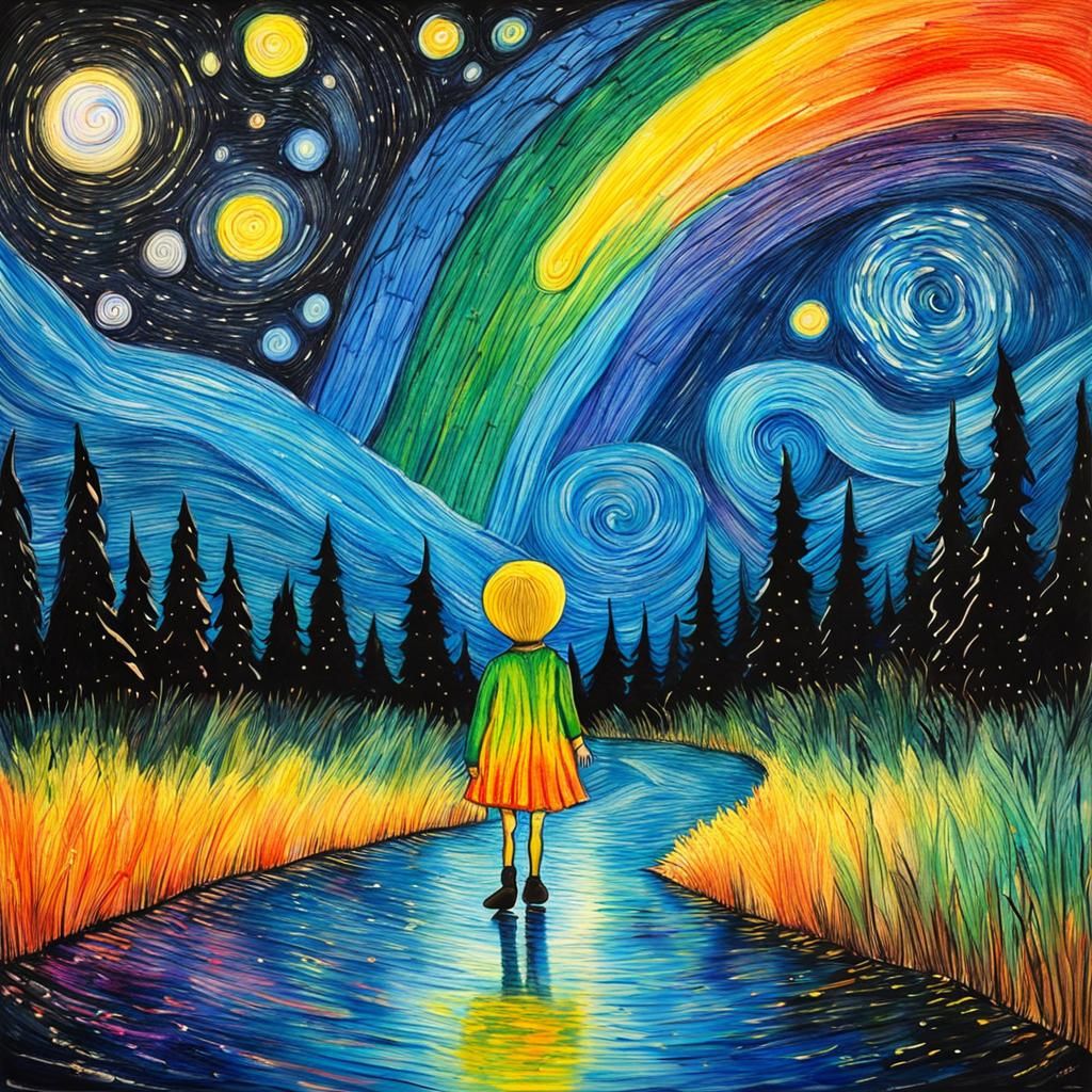 Rainbow Fairy Flies on Starry Night in Surreal Art