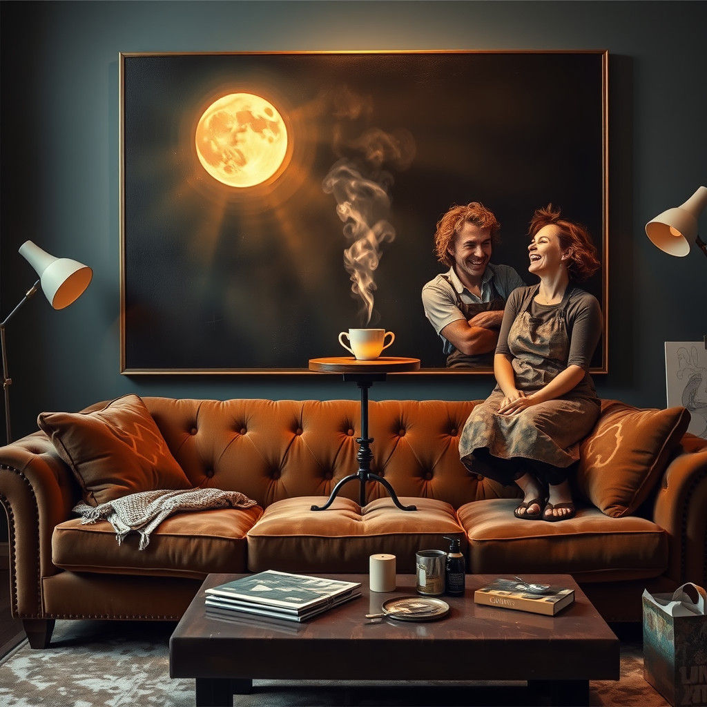 Hyperrealistic Coffee Scene in a Moonlit Living Room