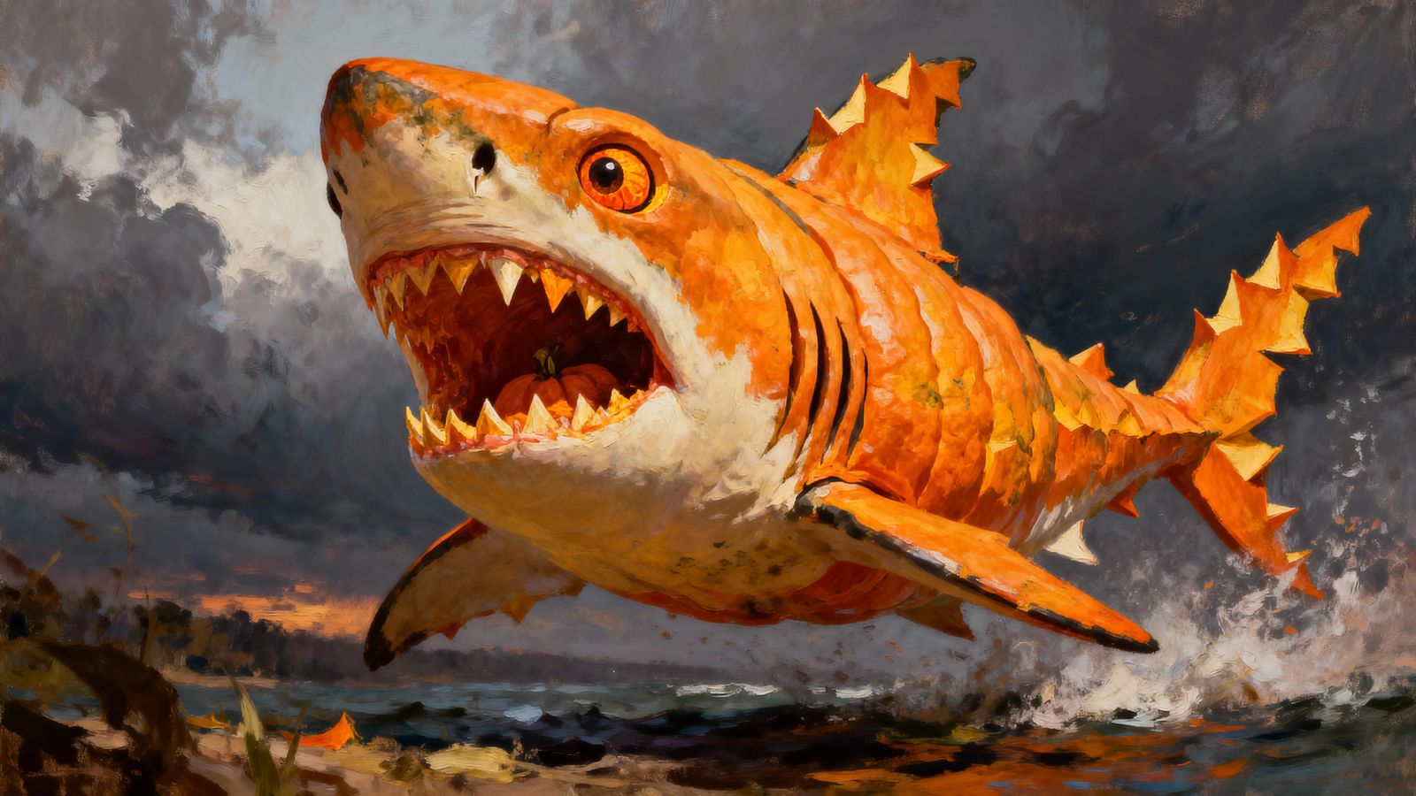 Shark Made of Pumpkin in Epic Oil Painting Style