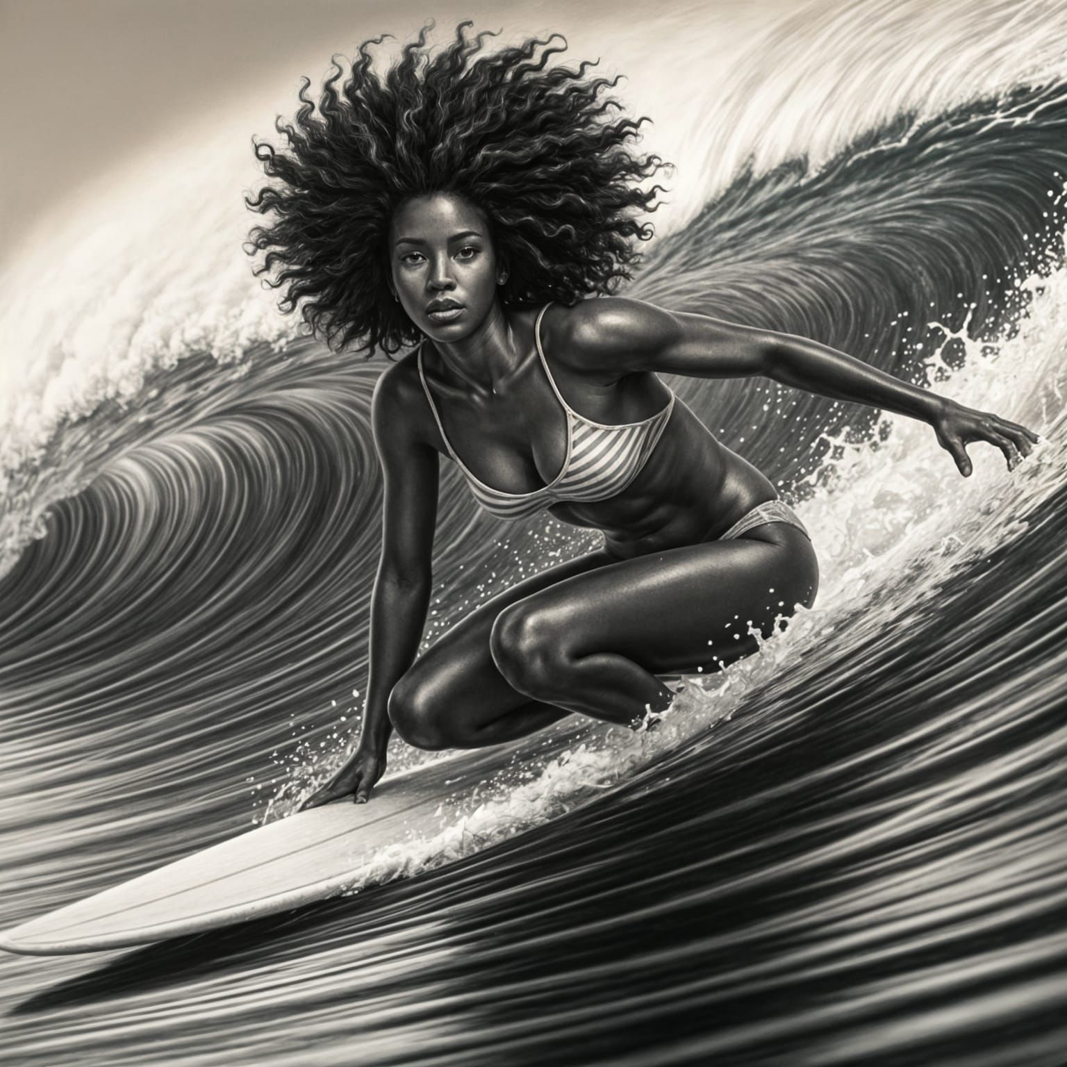 Modern Black Woman Riding Waves in Charcoal Art