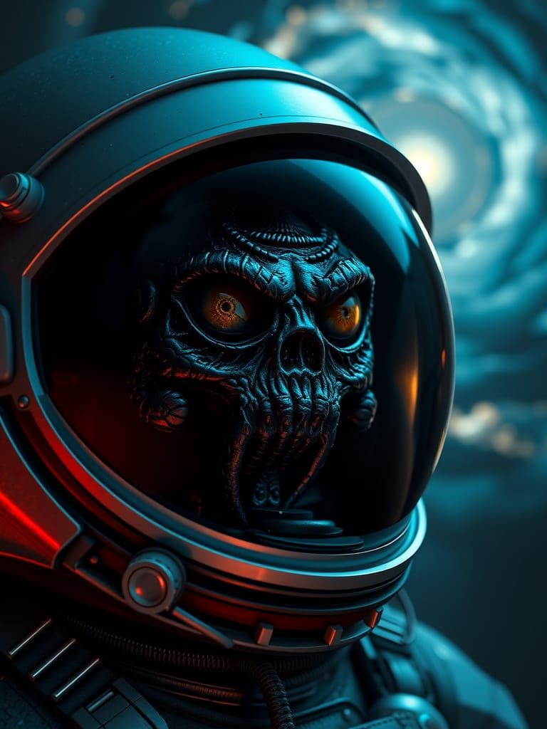 Astronaut Helmet Reflecting Cosmic Horror in Nebula