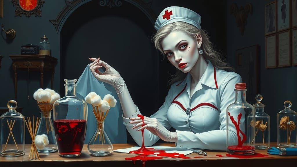 Vampire Nurse in Dark Oil Painting
