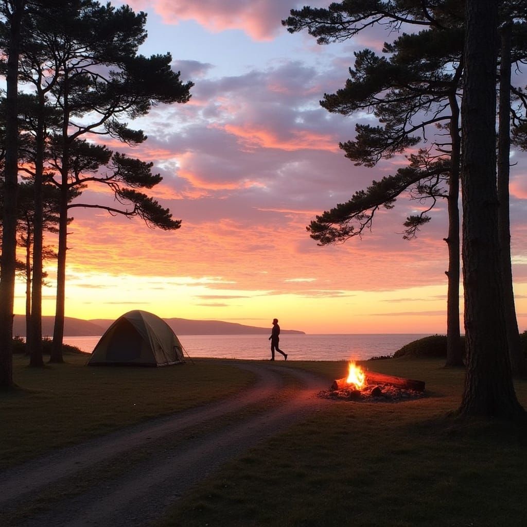 Sunset Camping by the Sea in Countryside