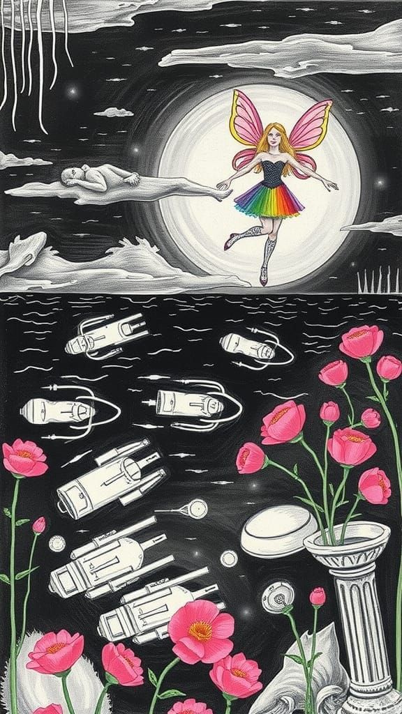 Childlike Underworld Crayon Drawing with Surreal Elements