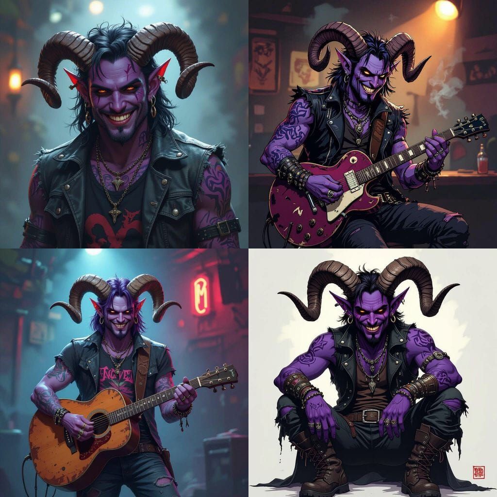 Purple Tiefling Bard with Grunge Style and Ram Horns