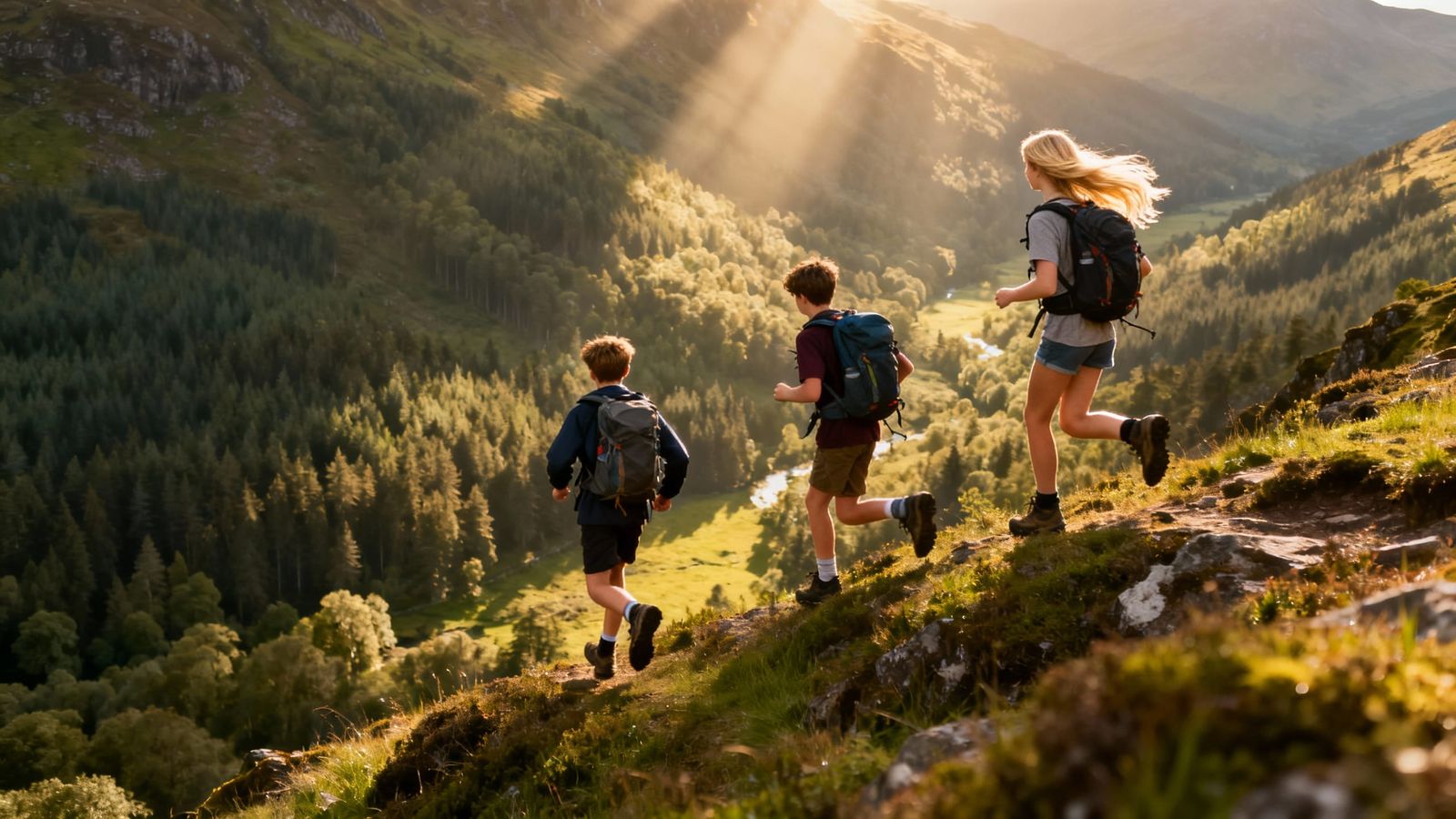 Teens Hike Scottish Highlands in Golden Hour Sunlight