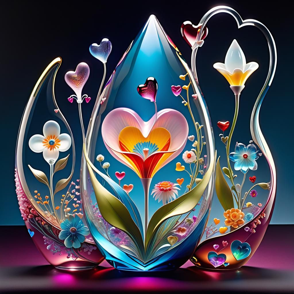 Blown-Glass Flowers and Hearts in Psychedelic Style
