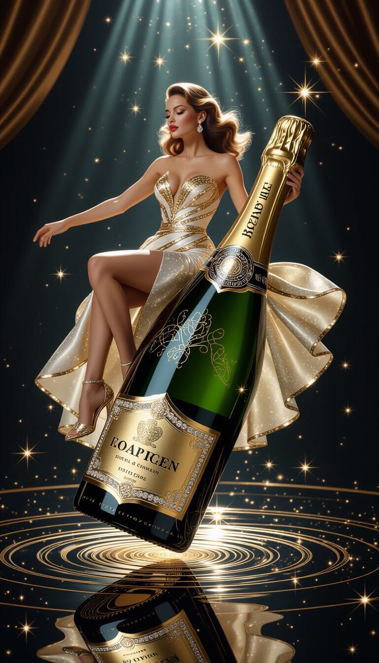 Opulent Celebration: Woman Rides Champagne Bottle