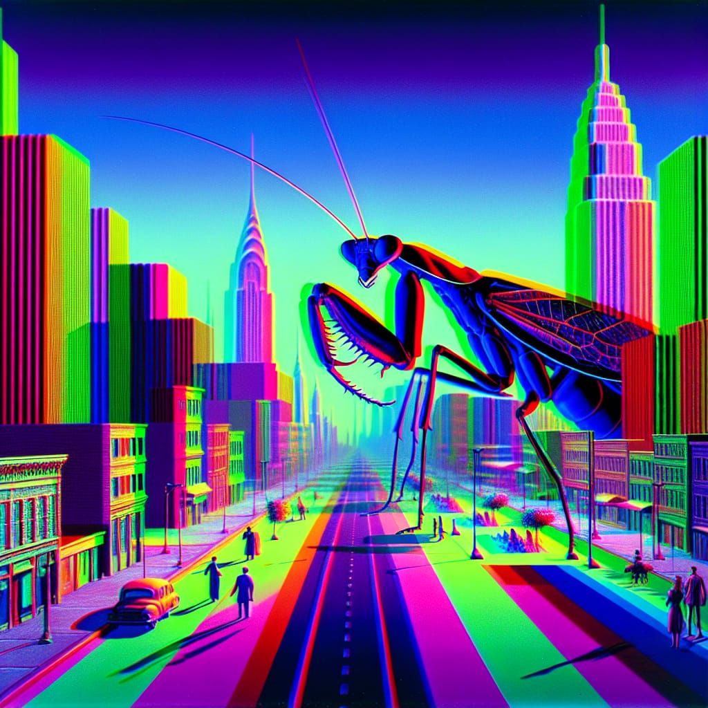 Retro Futuristic Praying Mantis Invasion