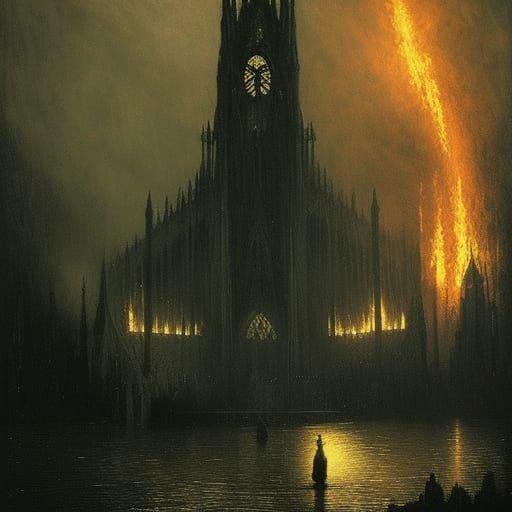 Burning Gothic Cathedral in Dark Horror Landscape