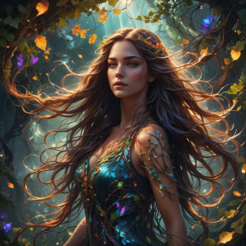Ethereal Woman Surrounded by Glowing Vines