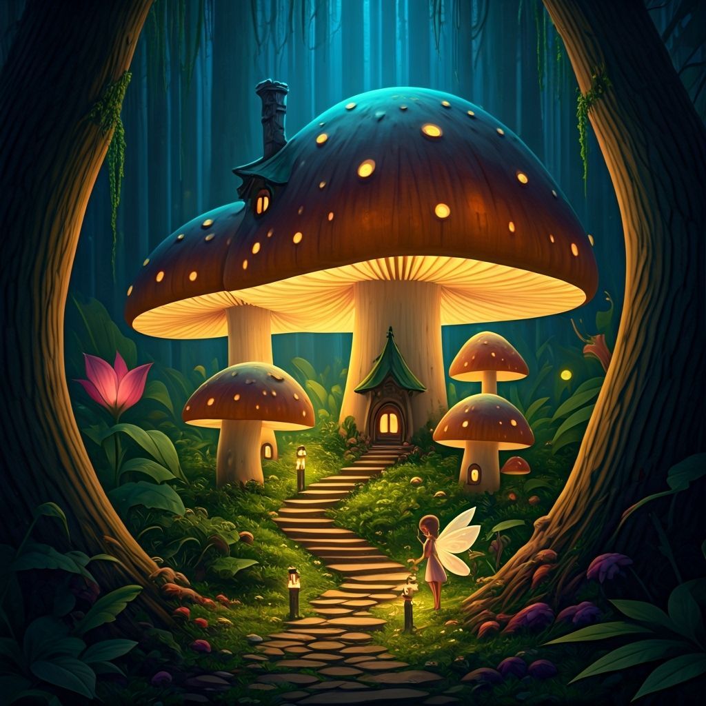 Whimsical Fairy Village in Luminous Mushrooms