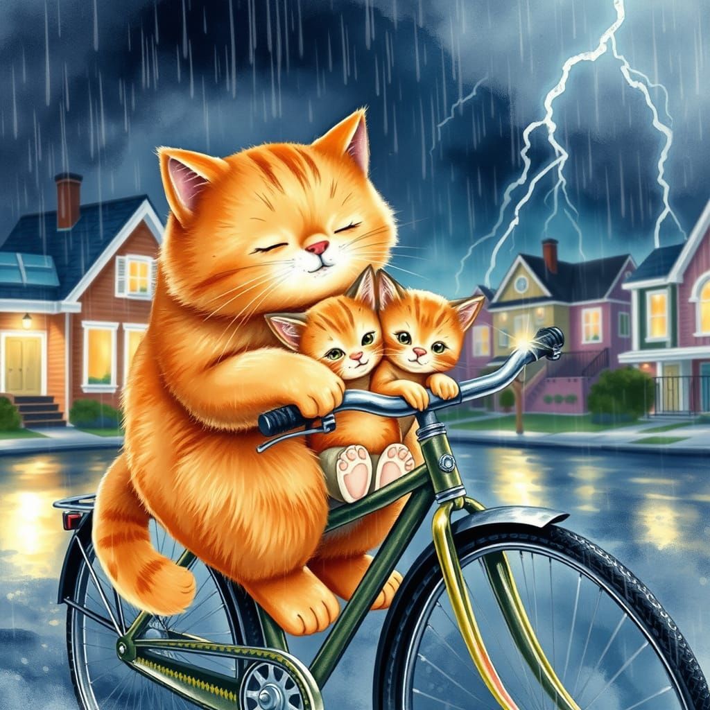 Chubby Orange Cat Carries Kitten Through Stormy Night