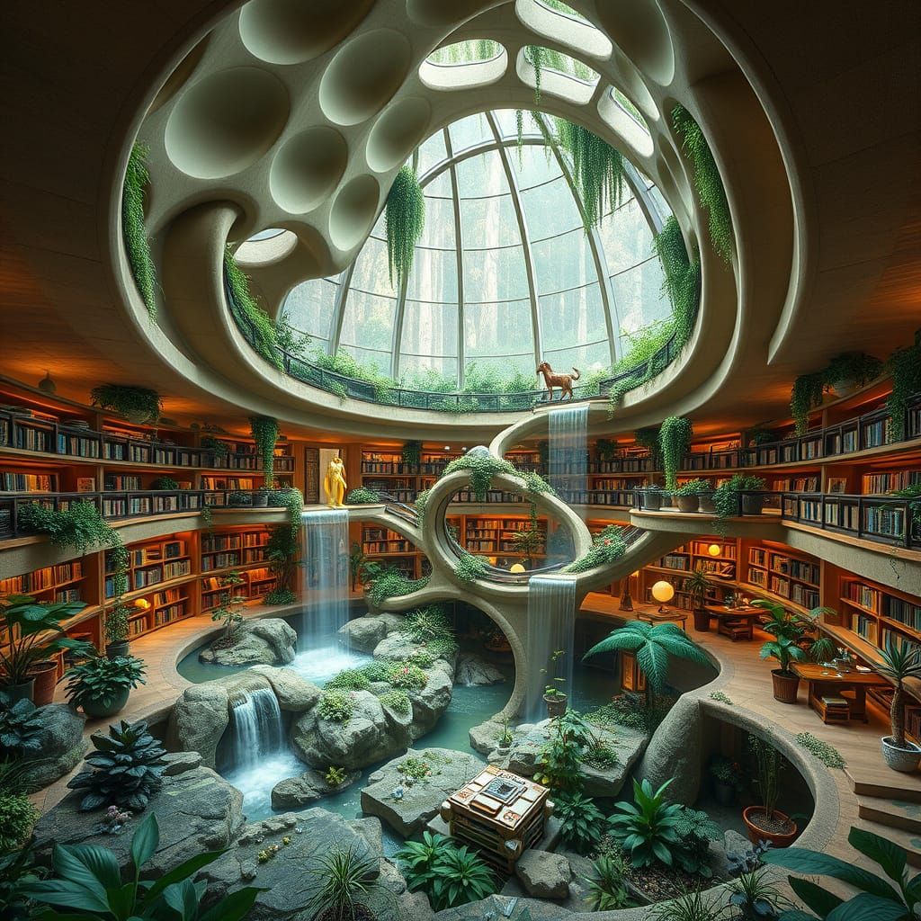 Retro-Futuristic Nautilus Library with Indoor Waterfall