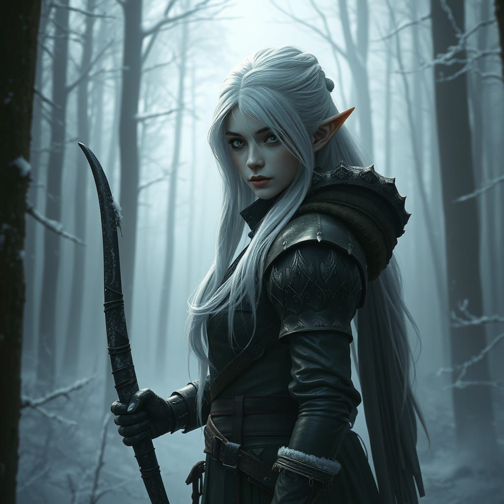 Albino Elf Huntress in a Dark Fantasy Forest