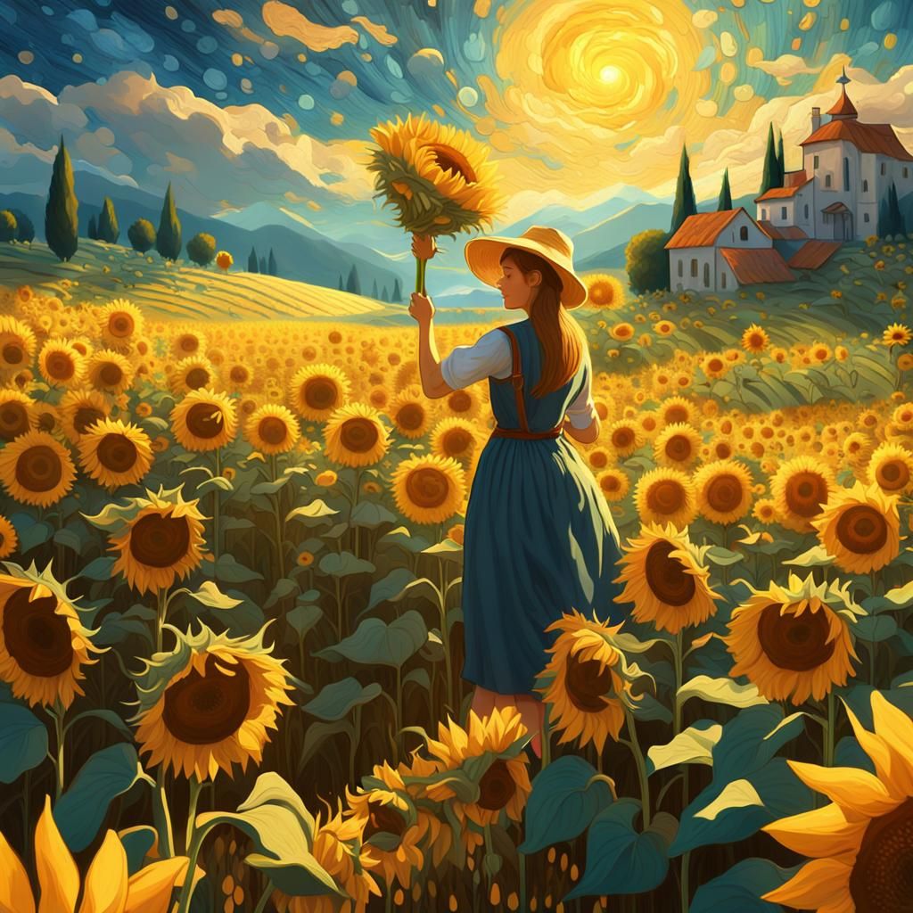 Woman in Sunflower Field, Impressionistic Style