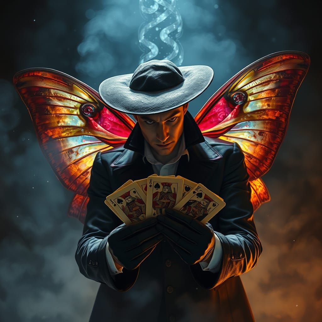 Magician with Moth Wings Performs Card Trick