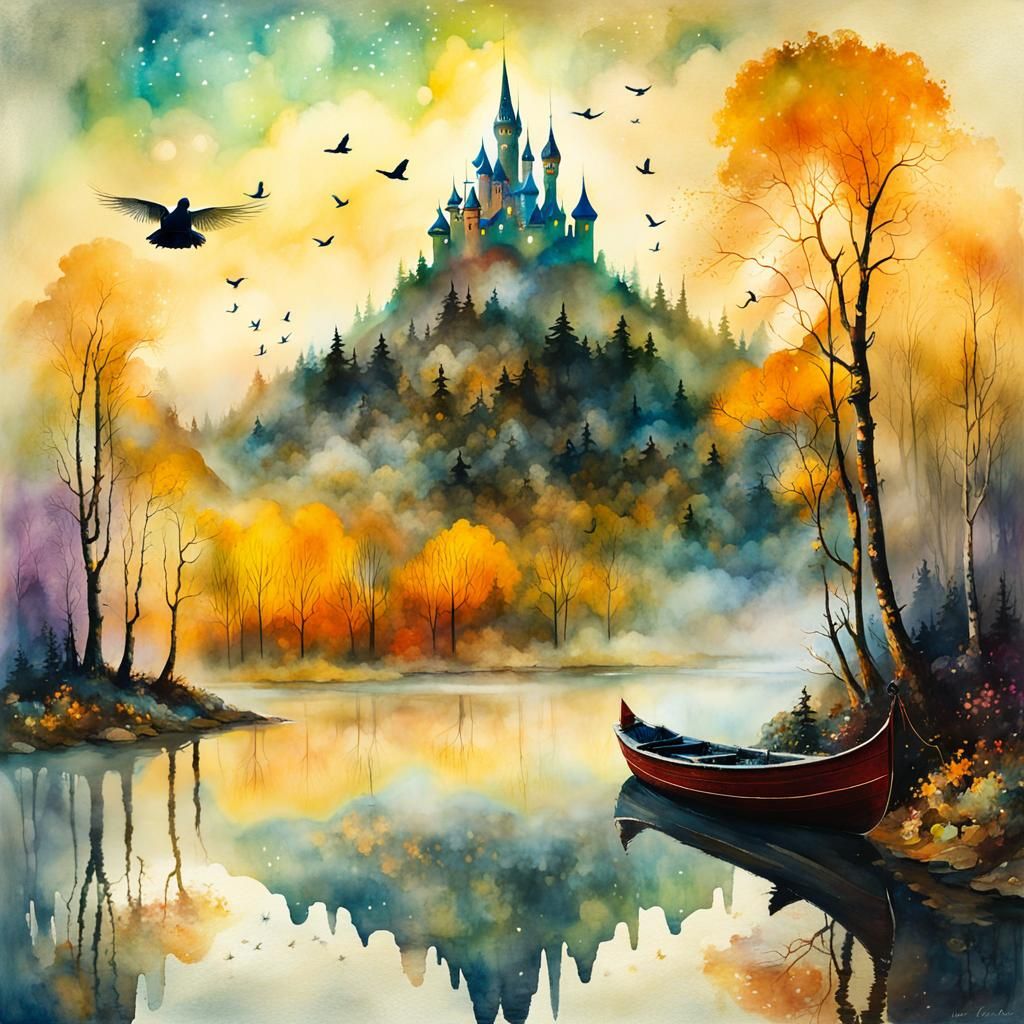 Mystical Fairy Landscape with River and Boat