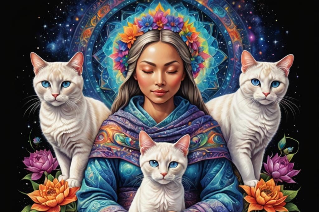 Meditating with Siamese Cats: Cute Cosmic Illustration