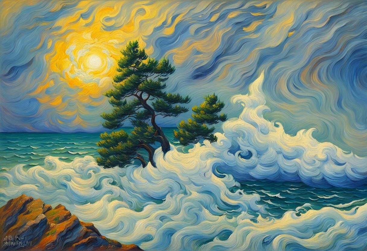Impressionist Seascape with Cypress Tree in Vivid Colors