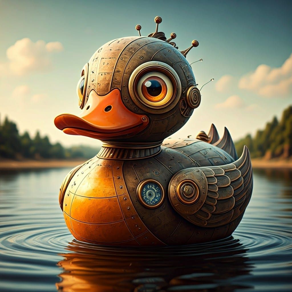 Steampunk Duck in Vibrant Aquatic Landscape