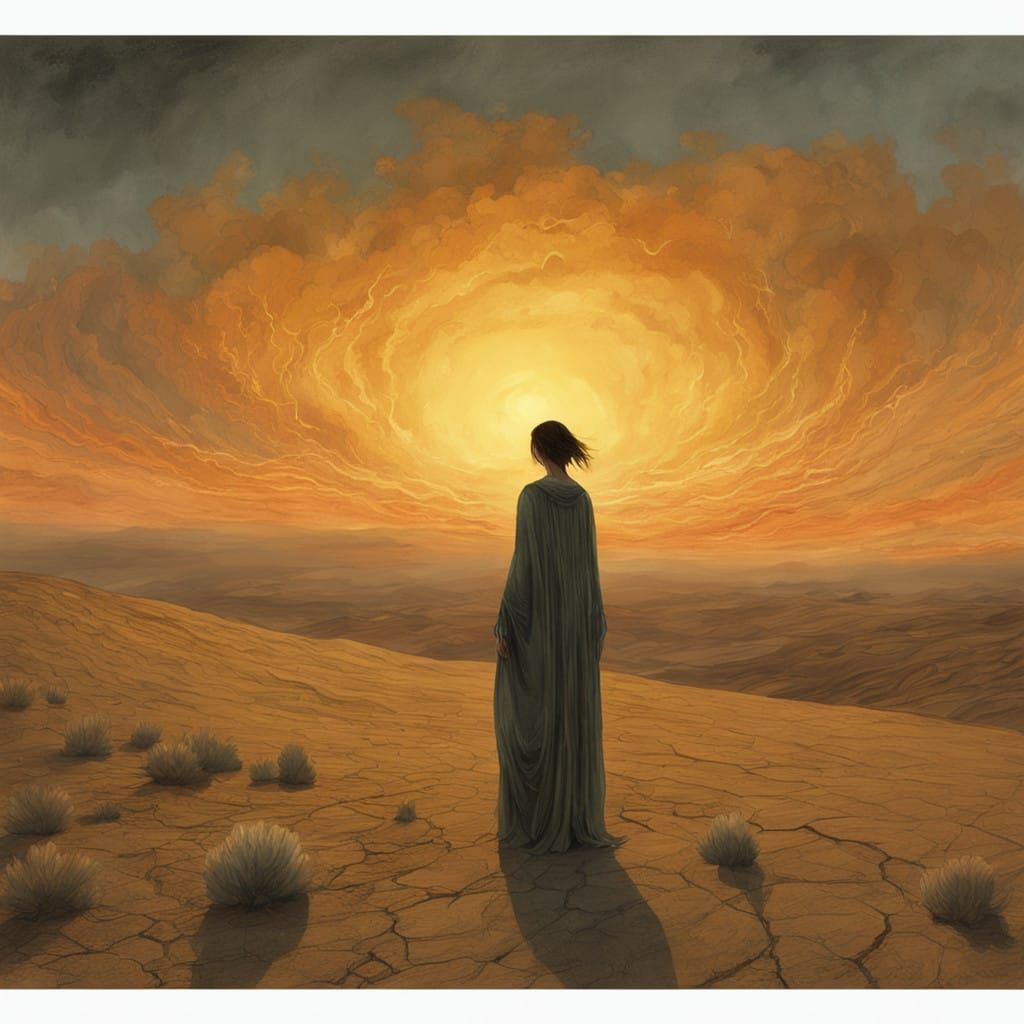 Melancholic Woman in Arid Desert Landscape at Dusk