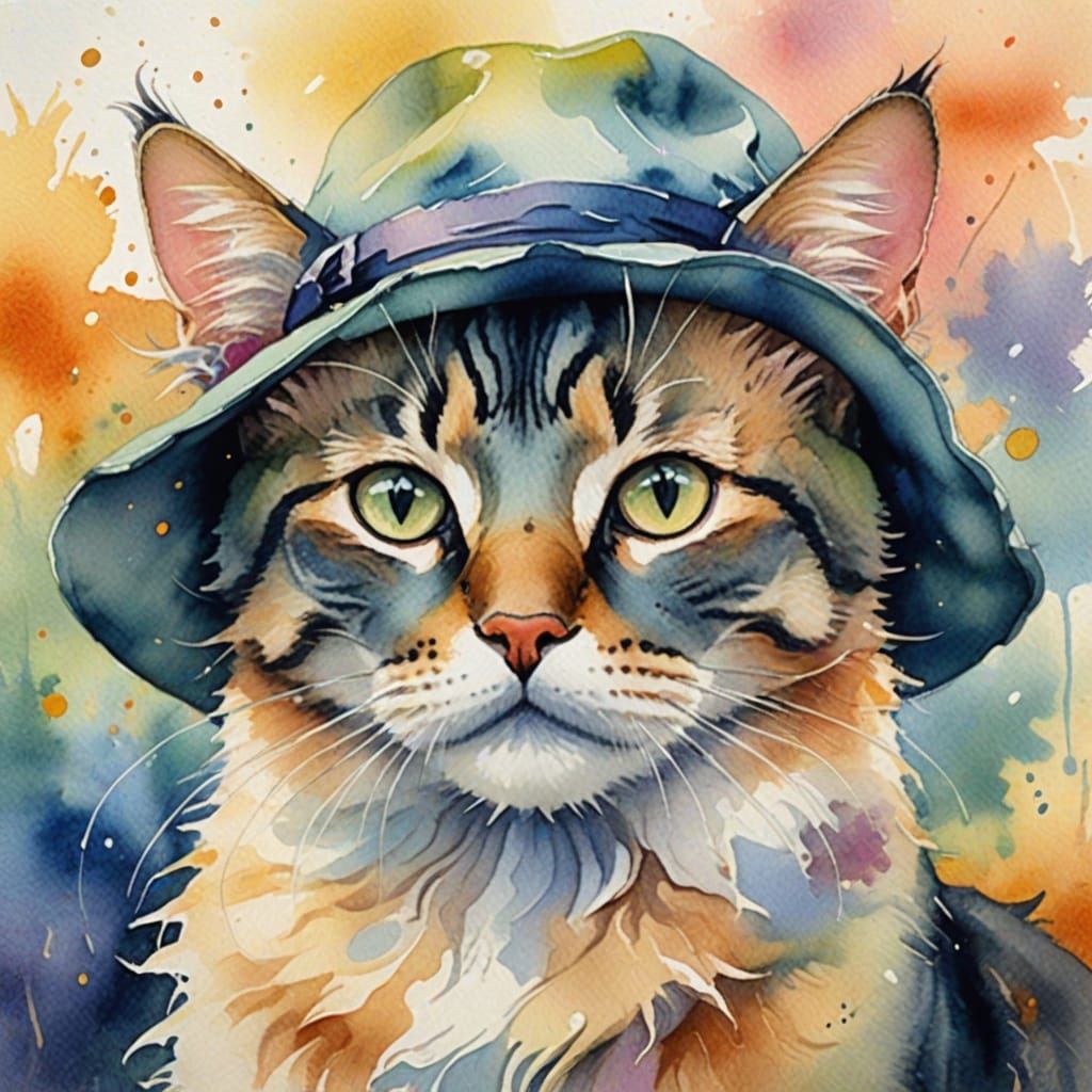 Impressionistic Watercolor of Cats Wearing Hats