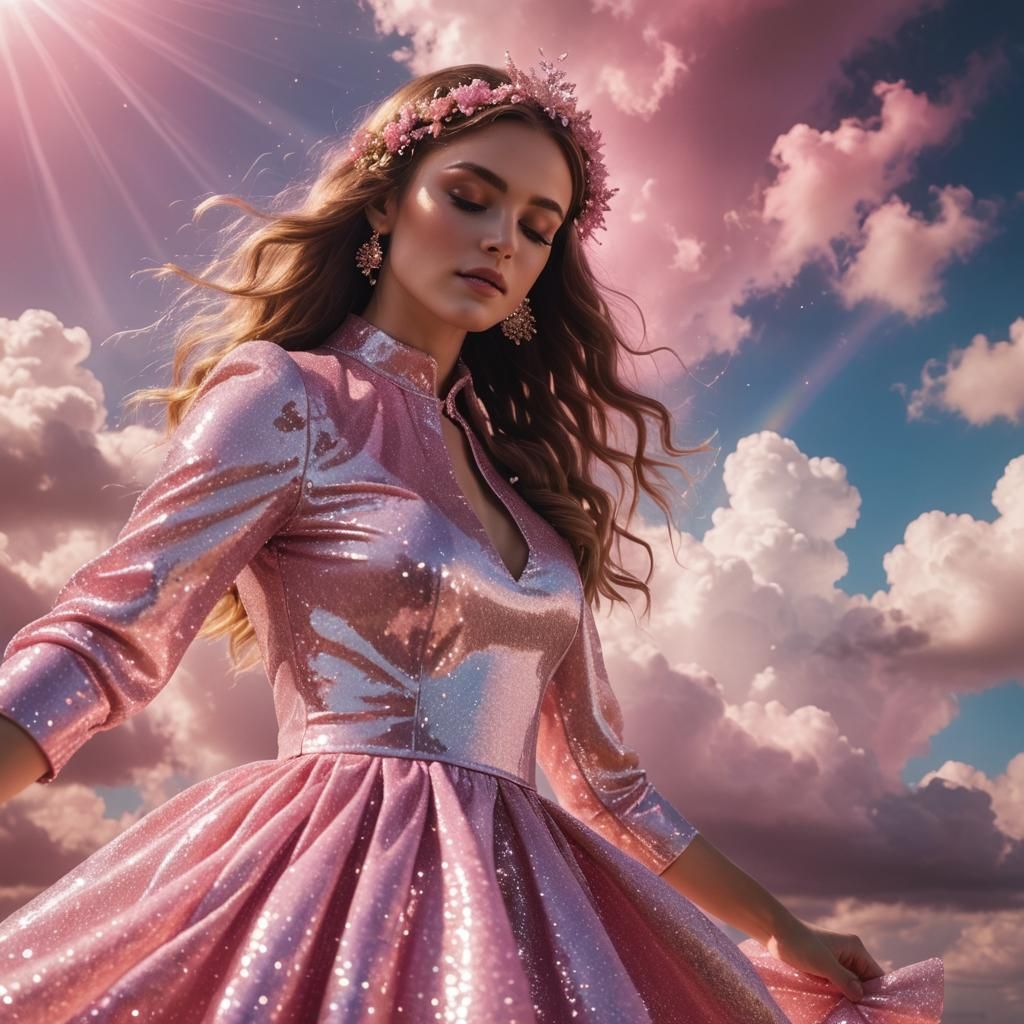 Woman in Pink Glitter Dress with Rainbow Background