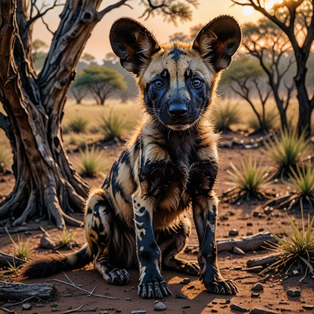 Surreal Close-up Portrait of African Wild Dog Pup in Savanna...