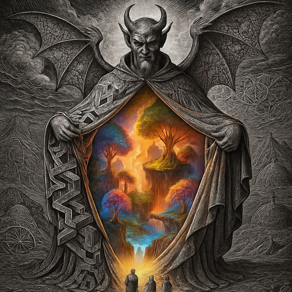 Baroque Devil in Escher-Inspired Landscape