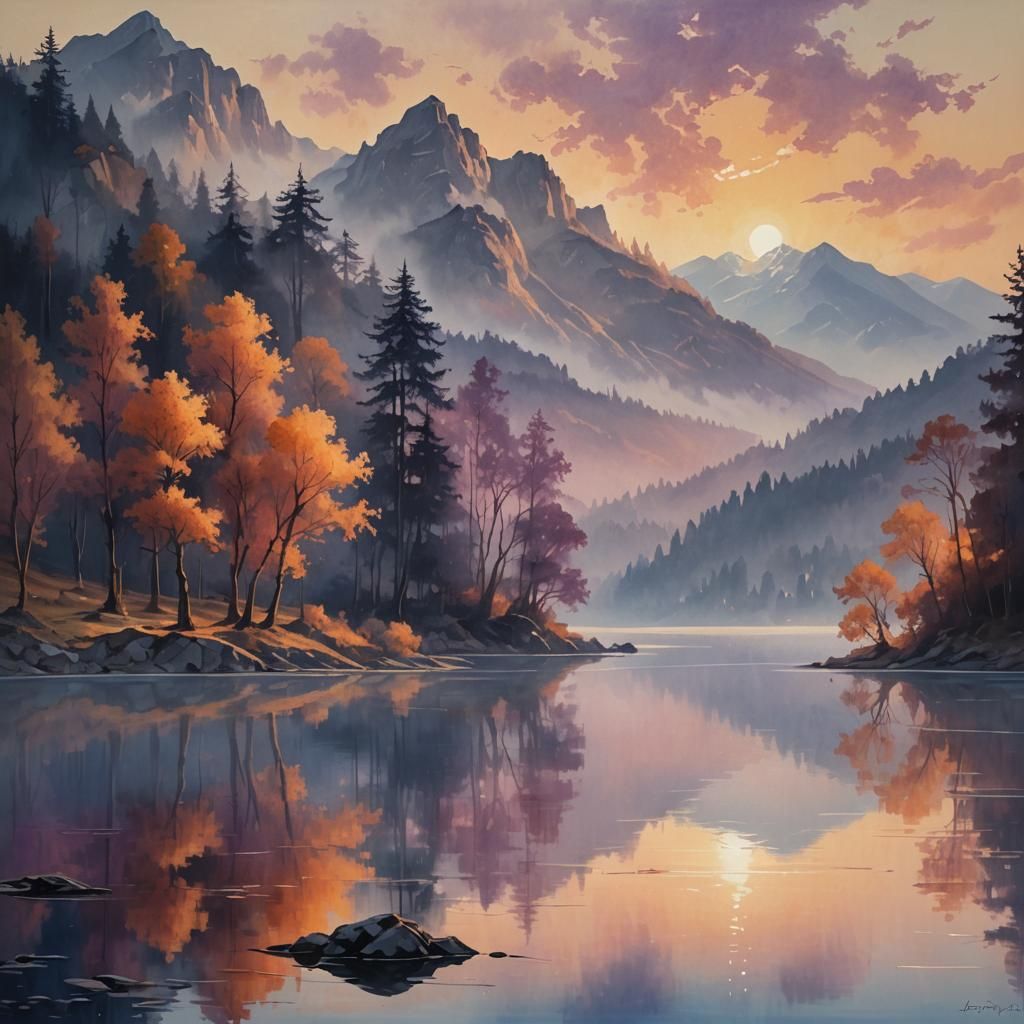 Romantic Landscape Painting with Sunset Light