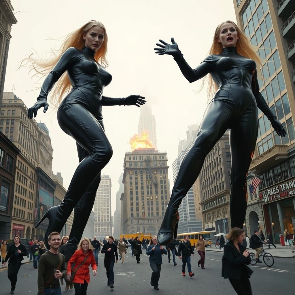 Gigantic Blonde Latex Dominatrixes Reap Chaos on Cityscape