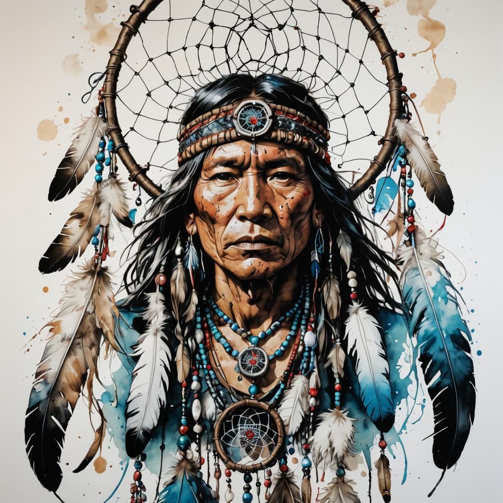 Native American Skin-walker in Dreamcatcher, Watercolor Styl...