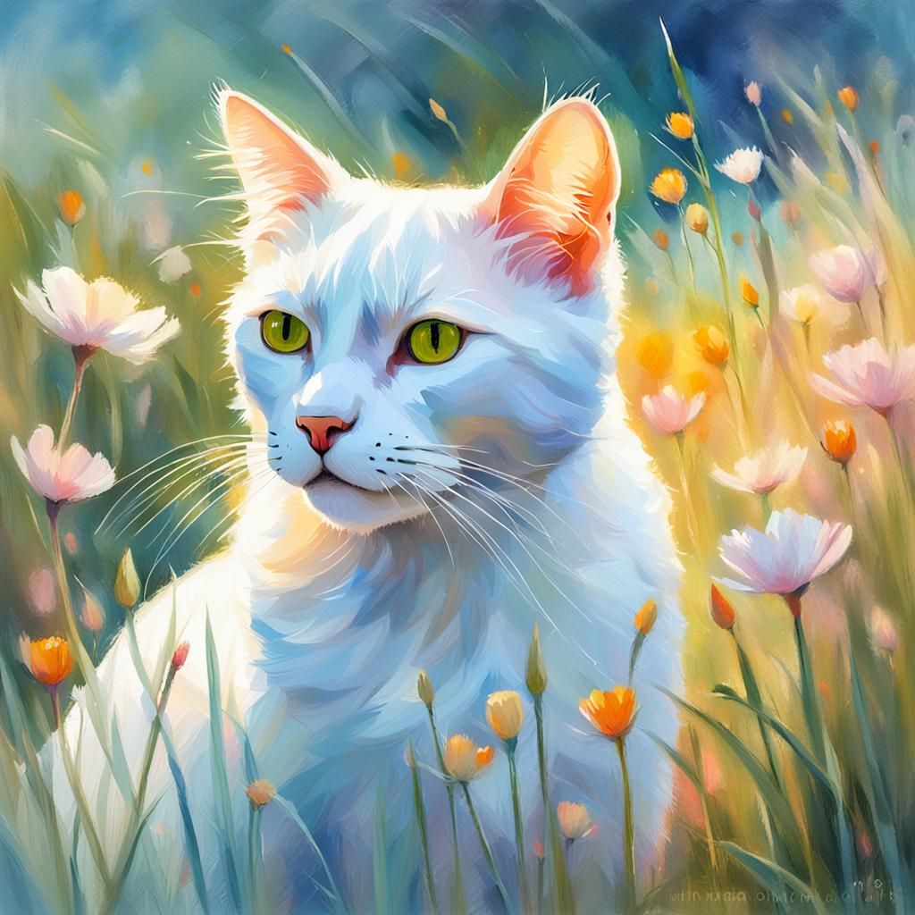 White Cat in Sunlit Meadow as Impressionist Art