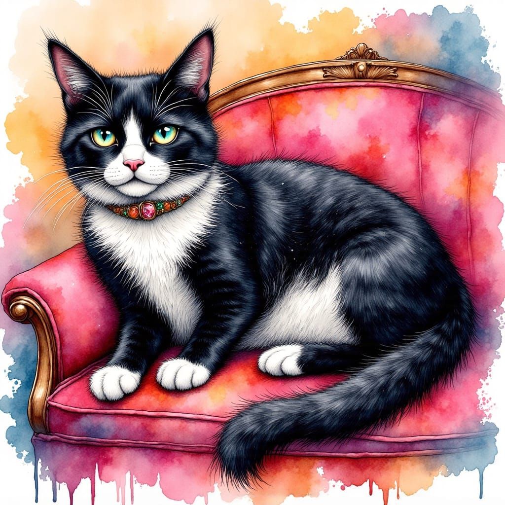 Fluffy Tuxedo Cat Lounging, Vibrant Ink Drawing