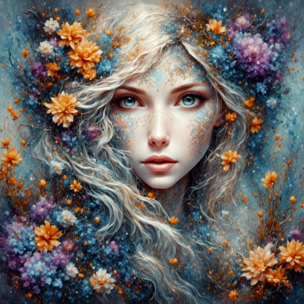 Beautiful Woman Framed in Surreal Filigree Flowers