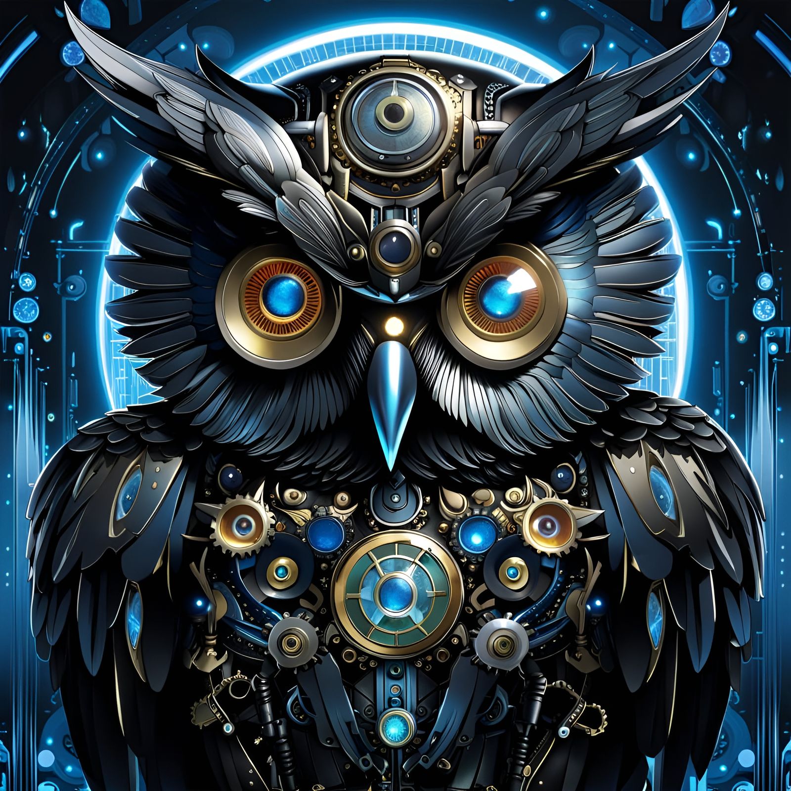 Majestic Black Robot Owl in Anime Style