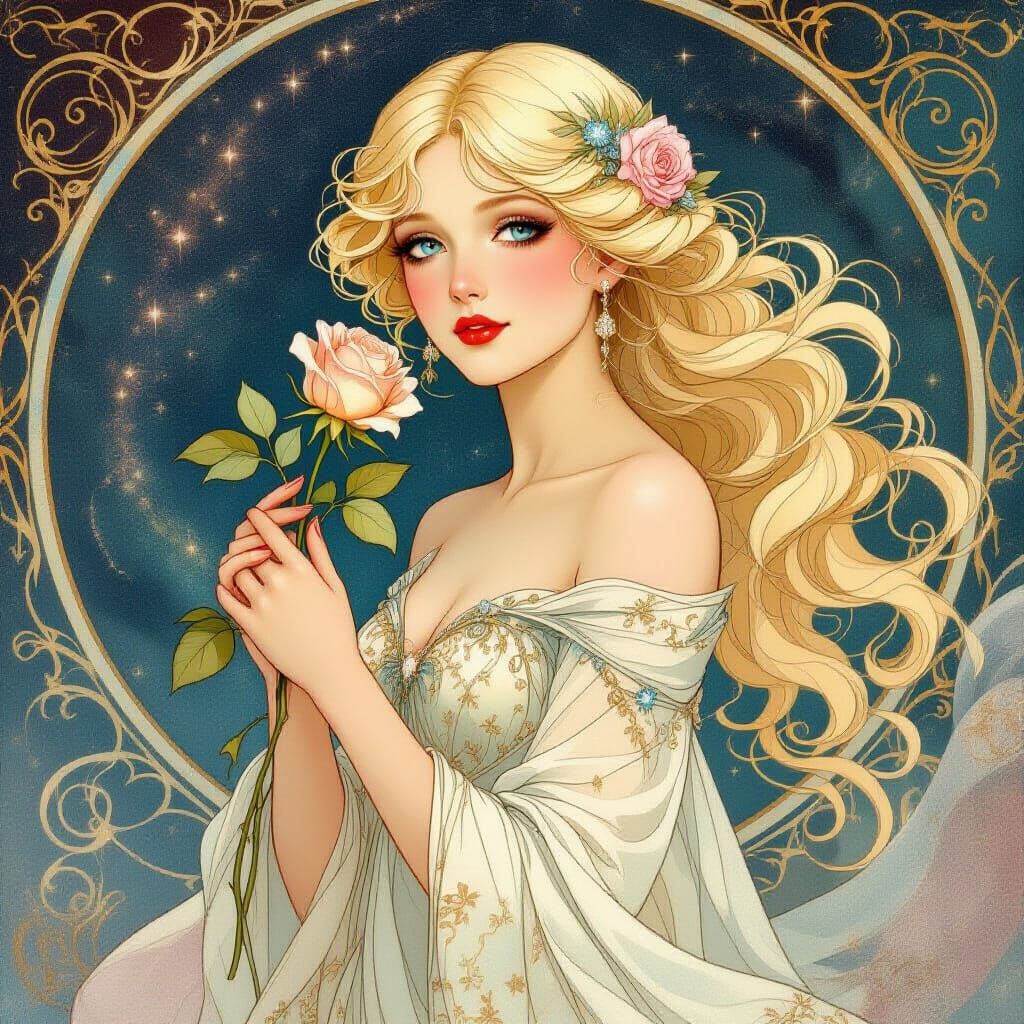 Art Nouveau Woman with Nebula Eyes and Cosmic Gown