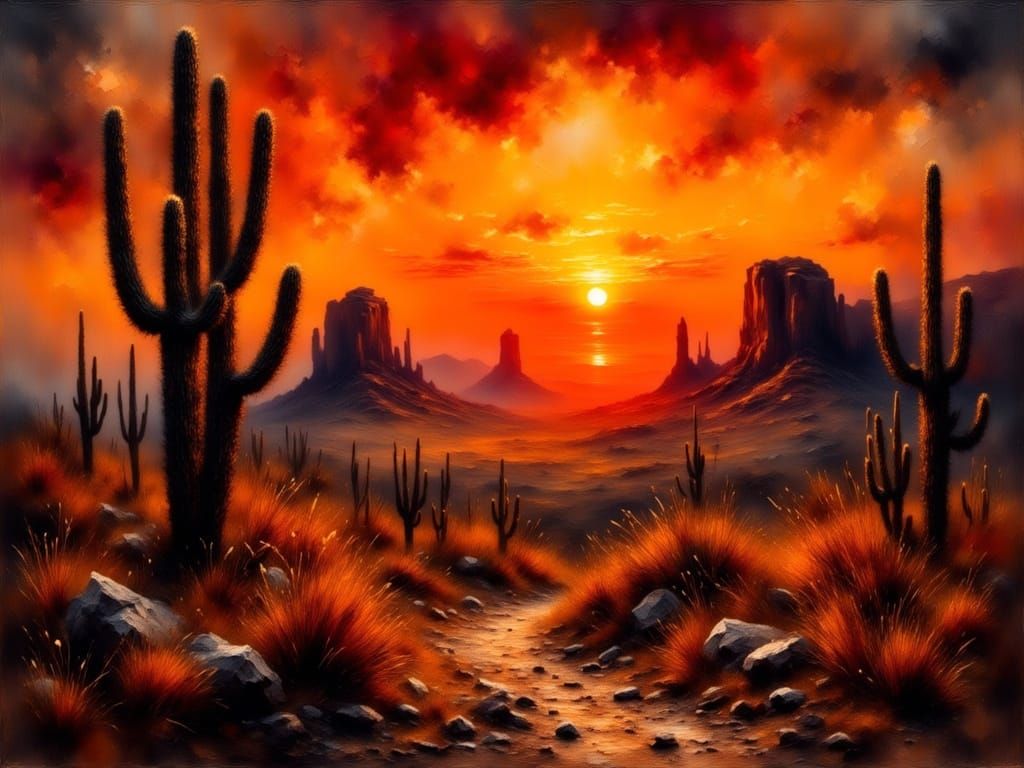 Dramatic Desert Sunset in Oil Painting Style