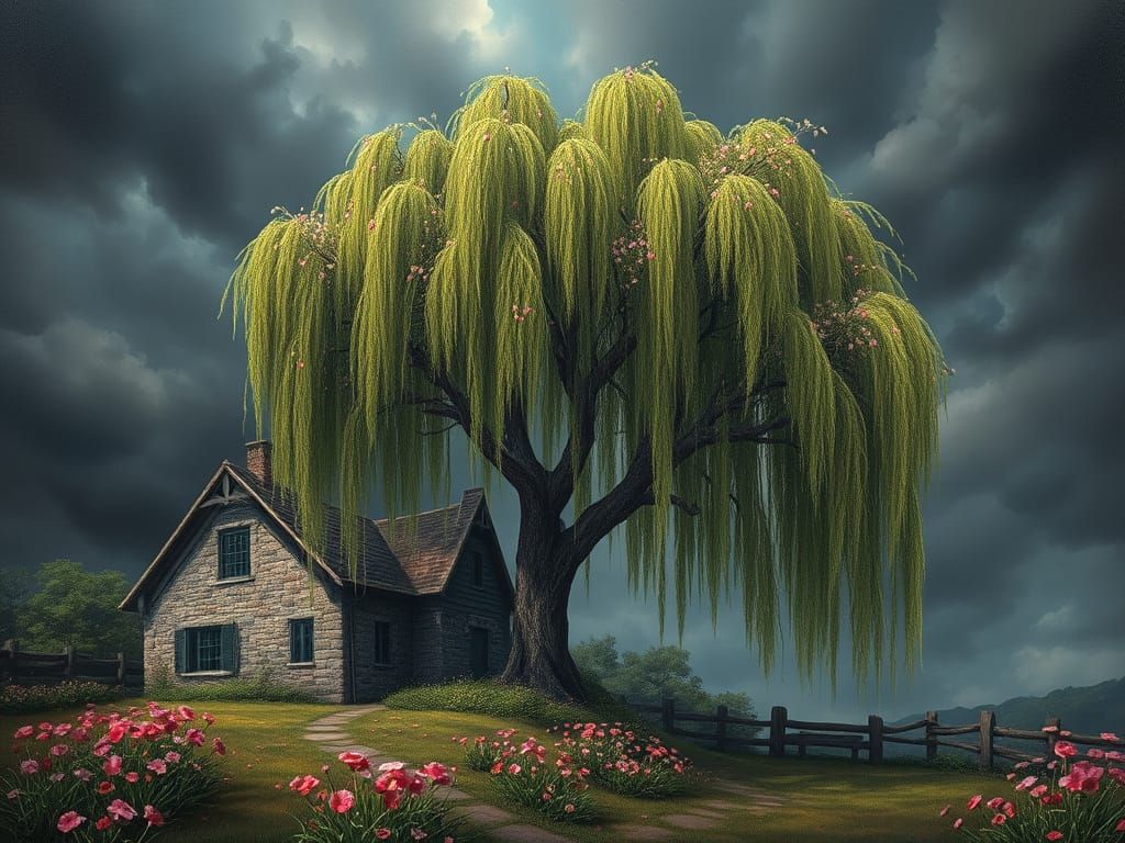 Surreal Willow Tree in Dark Fantasy Style
