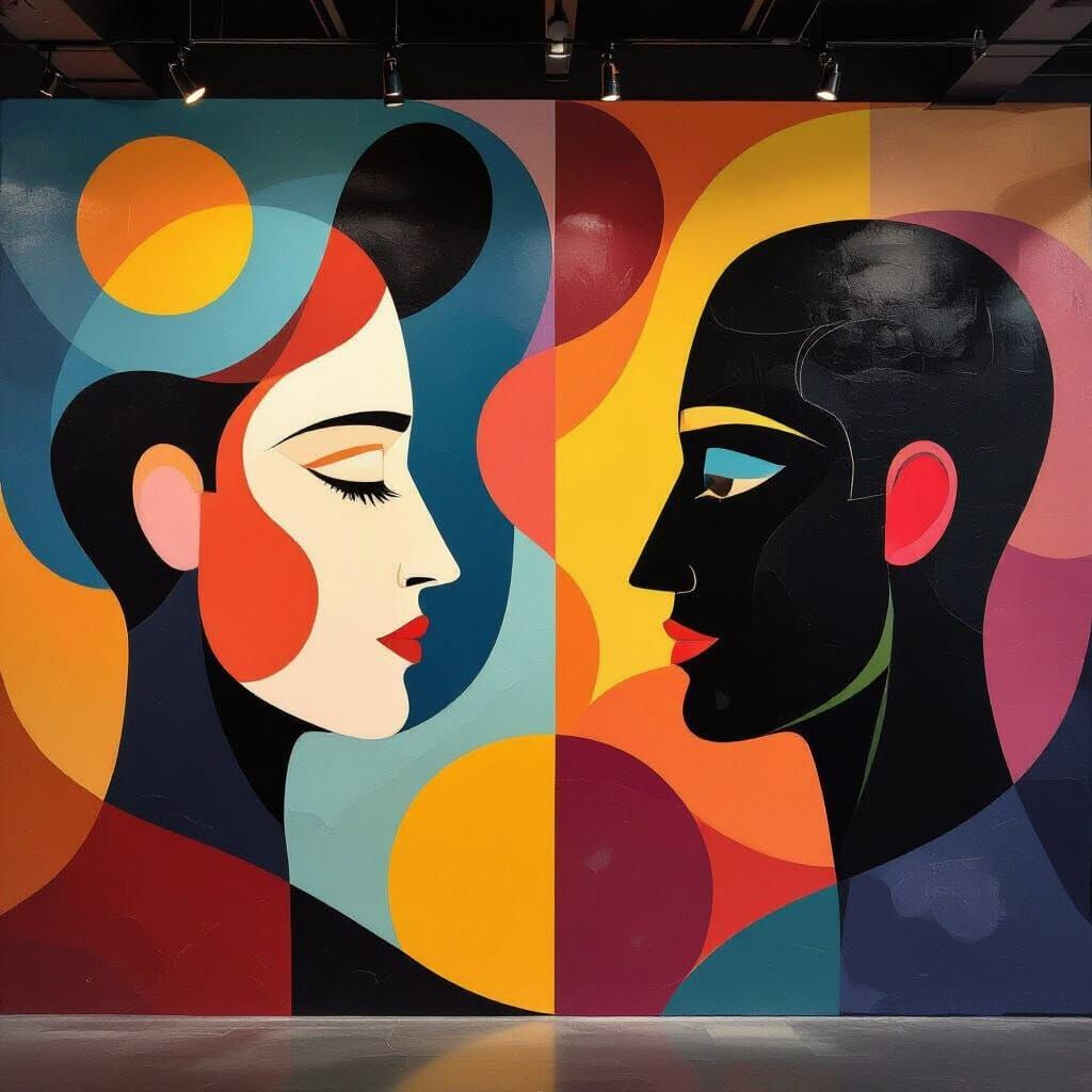 Modern Mural with Abstract Shapes and Silhouette Faces